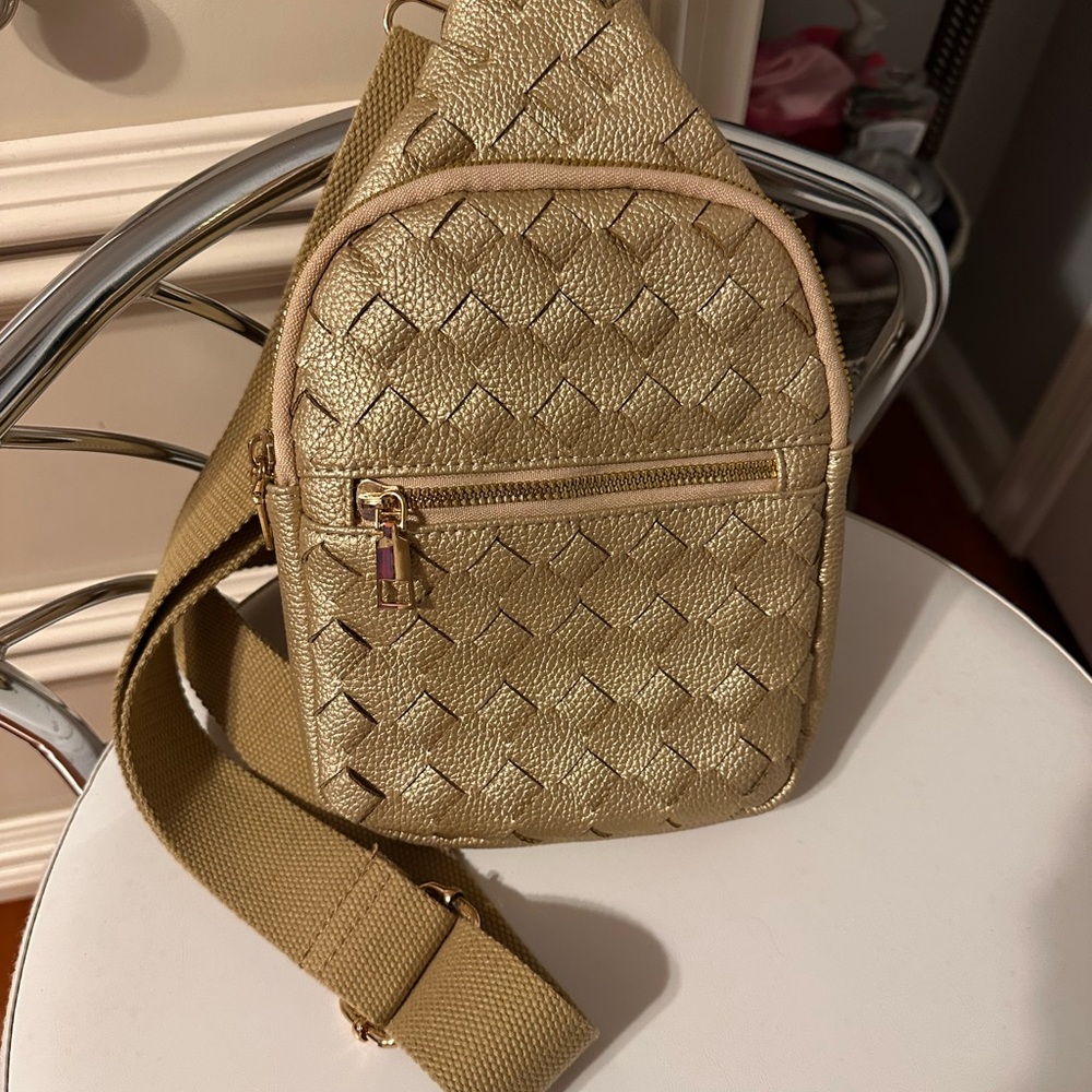 Gold Woven Crossbody Sling Bag - Women